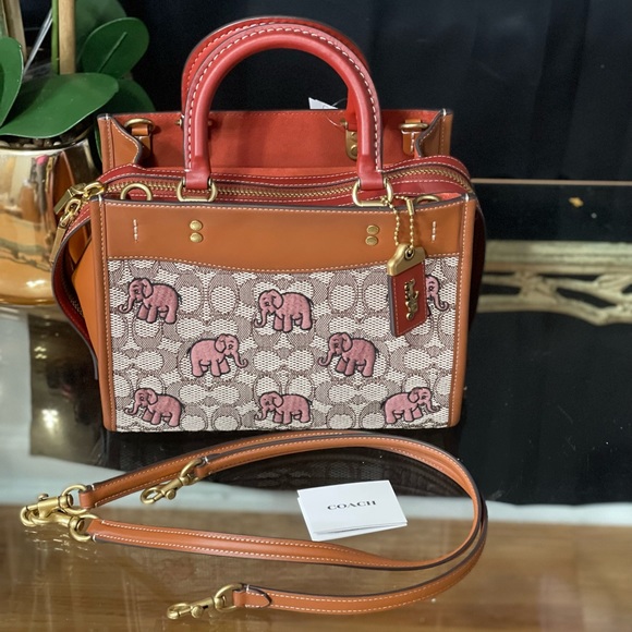 COACH Rogue 25 Cocoa Textile Jacquard Embroidered Elephant Motif Leather - Picture 7 of 11